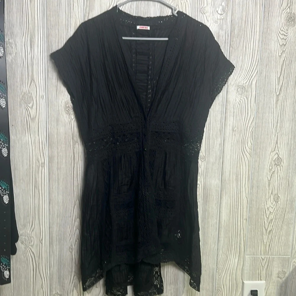 Johnny Was Black Snap Down Tunic Cotton Silk Cover Up Size Medium